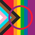Sympoli, jossa on osa saamenlipusta tehdystä Pride lipusta. Värikäs, oikealla violettia ja vasemmalla sateenkaaren raidat. 