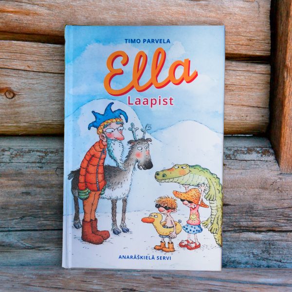 Ella Laapist kirjan kansikuva, lapsia, krokotiili poro ja vanha mies